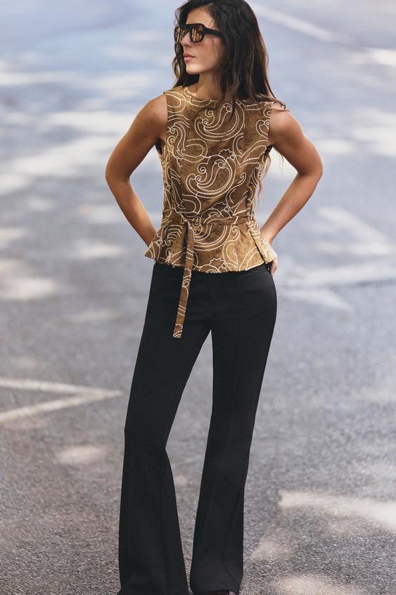 EMBROIDERED TOP WITH BELT - Mid-camel by Zara - Image 0
