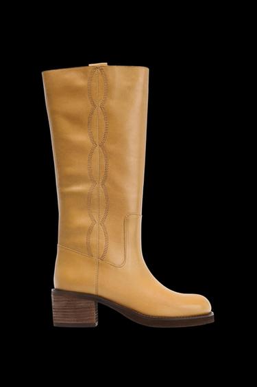 Zara LEATHER TOPSTITCHED BOOTS - Dark tan - Image 0