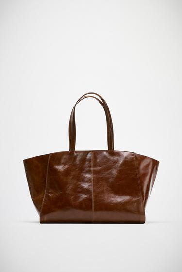 TOTE BAG DE COURO COM PESPONTOS - Torrado-escuro da Zara