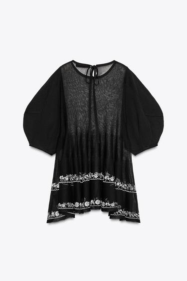 BLOUSE LONGUE EN MAILLE FINE BRODÉE - Noir de Zara - Image 4