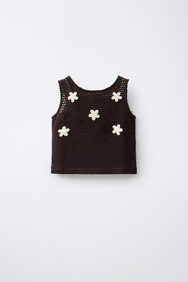 FLORAL CROCHET KNIT TOP - Brown by Zara
