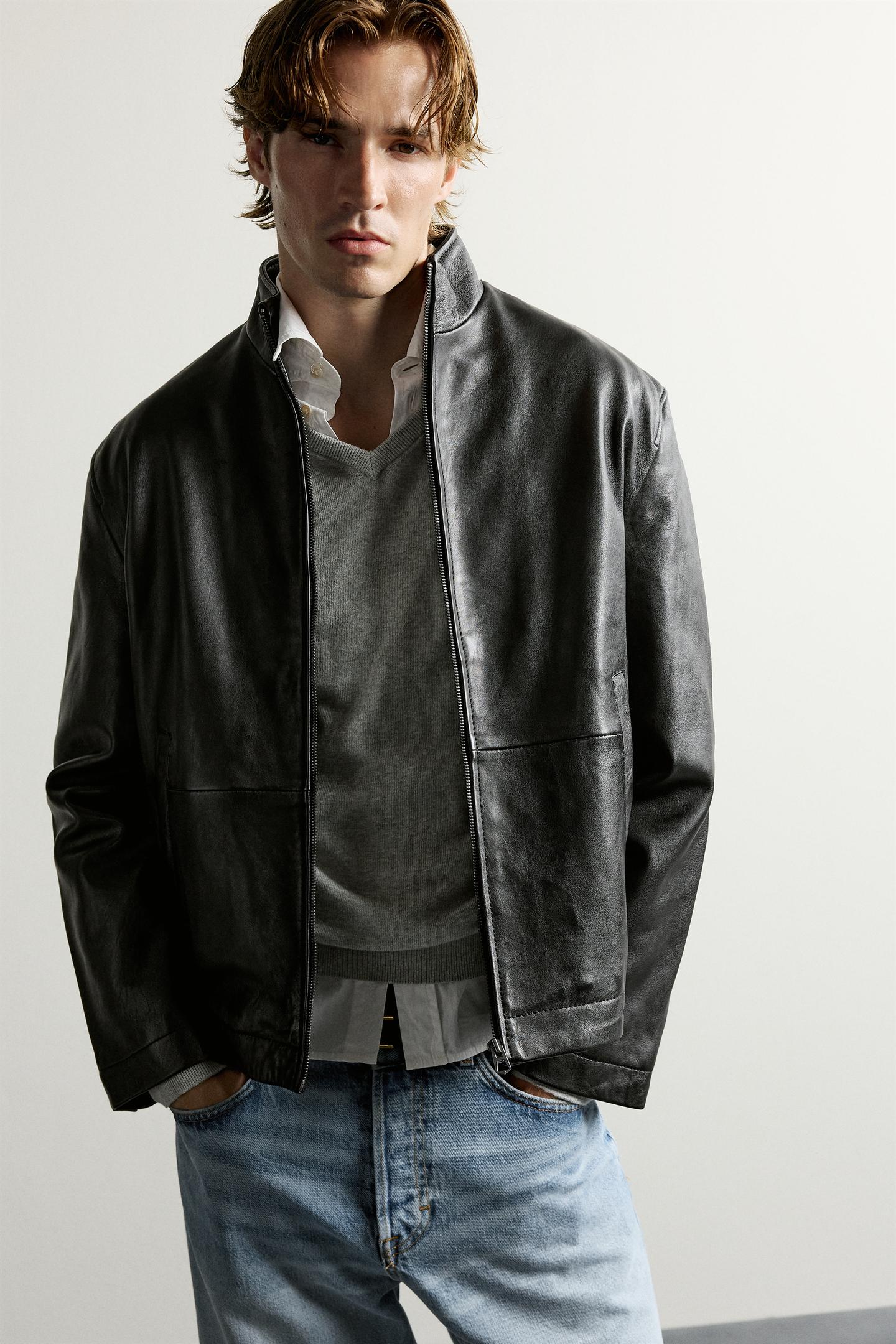 Мужская куртка Zara Washed Effect Leather, цвет: Чёрный — фото 5