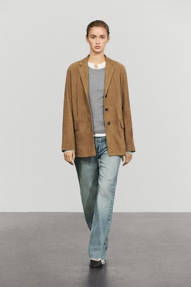 Suede leather blazer with lapel — Sand 1