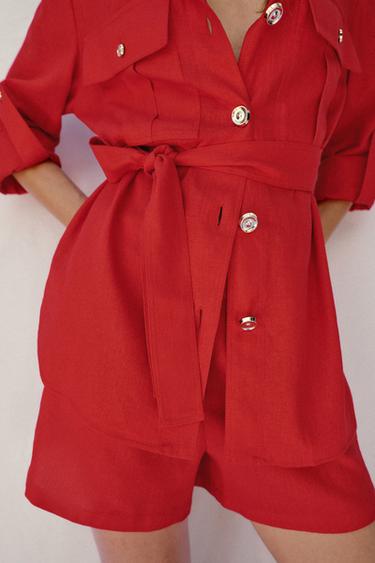 VESTE SAHARIENNE EN LIN AVEC CEINTURE - Rouge de Zara - Image 3