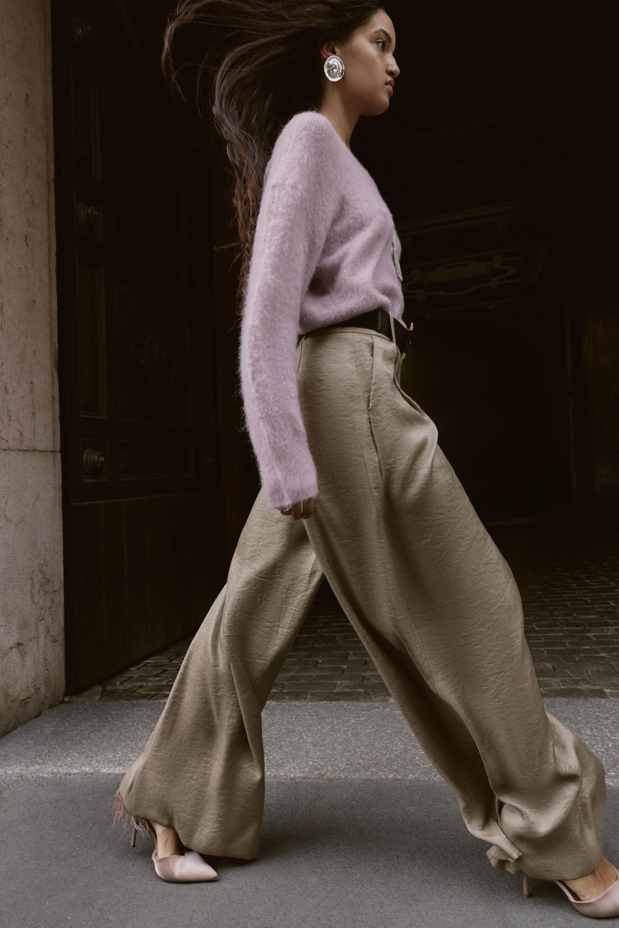 ベルト付きサテンワイドパンツ - ブラウン/モール | ZARA Japan