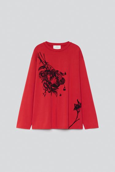 CONTRAST PRINT LONG SLEEVE T-SHIRT — Red 1
