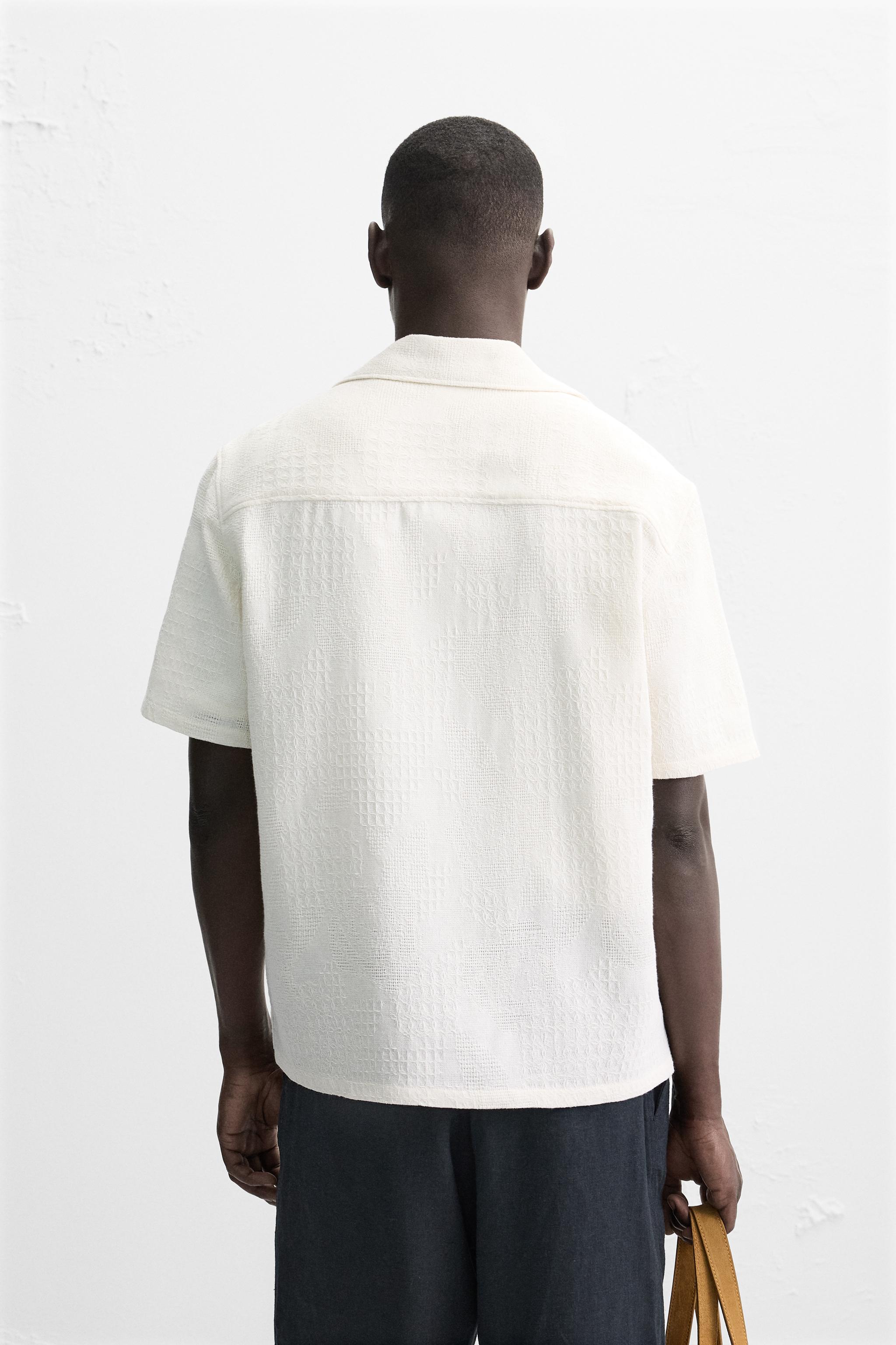 【ZARA】RELAXED FIT ジャカードシャツ エクリュ | 3772/292/712 ジオメトリック ジャカードシャツ 透かし編み Lサイズ ザラ