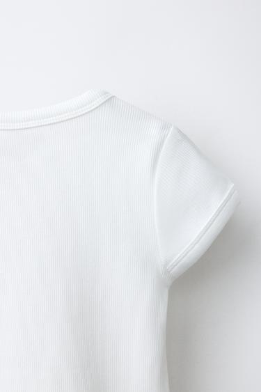 T-SHIRT CÔTELÉ COL EN V - Blanc de Zara - Image 3