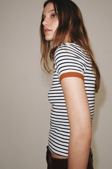 ÁO PHÔNG KẺ NGANG CỘC TAY - Màu nâu nhạt/Xanh hải quân từ Zara