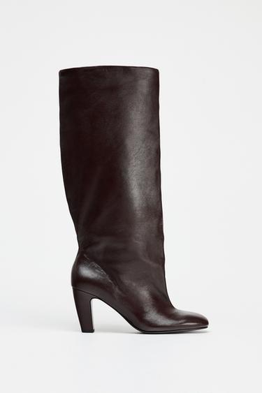 Zara 寬版靴筒真皮靴 - 棕色