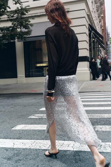 JUPE MIDI SEQUINS ZW COLLECTION - Gris moyen de Zara - Image 3