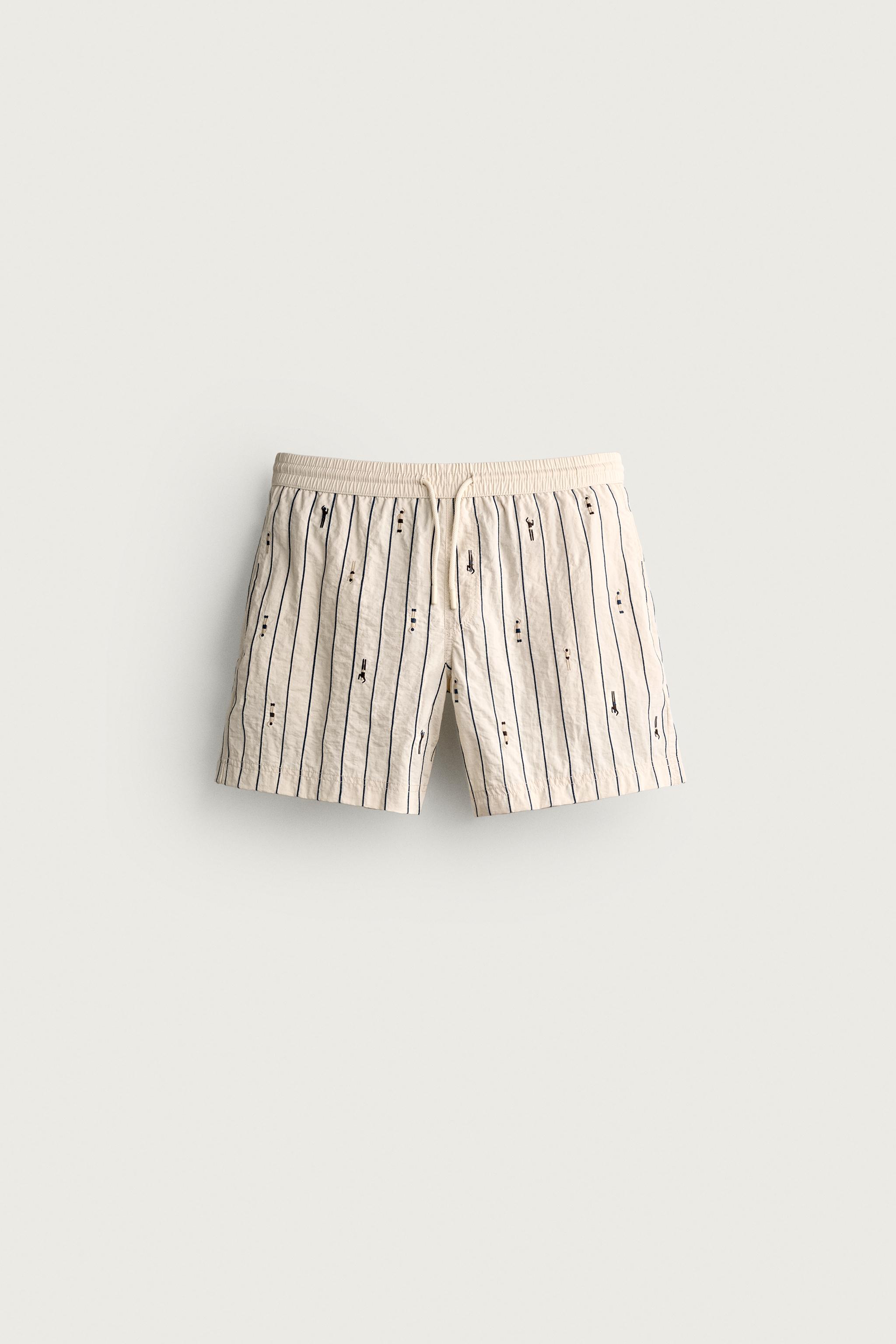 MID-LENGTH EMBROIDERED SWIMMER STRIPED SWIMSUIT — Ecru