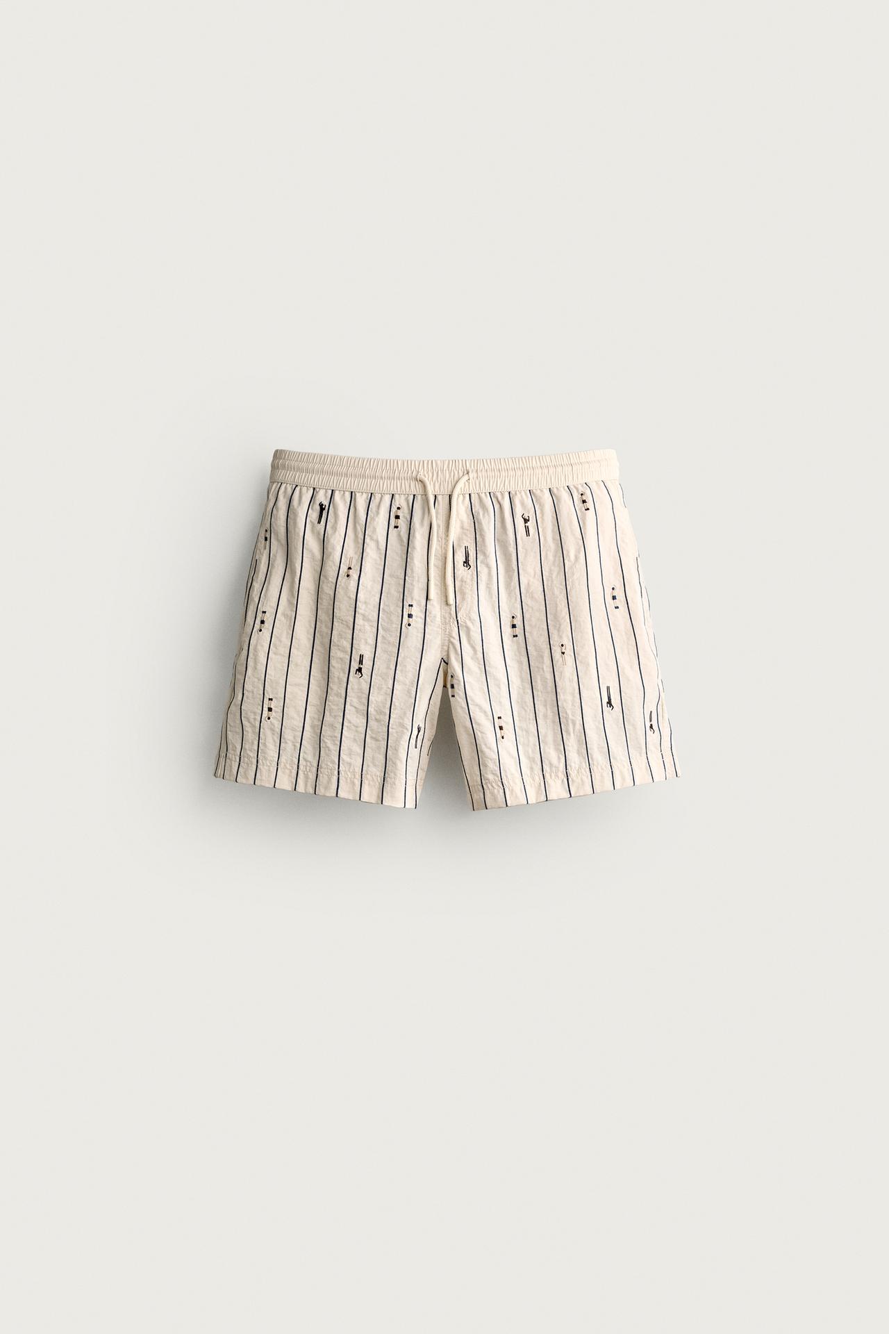 MID-LENGTH EMBROIDERED SWIMMER STRIPED SWIMSUIT — Ecru