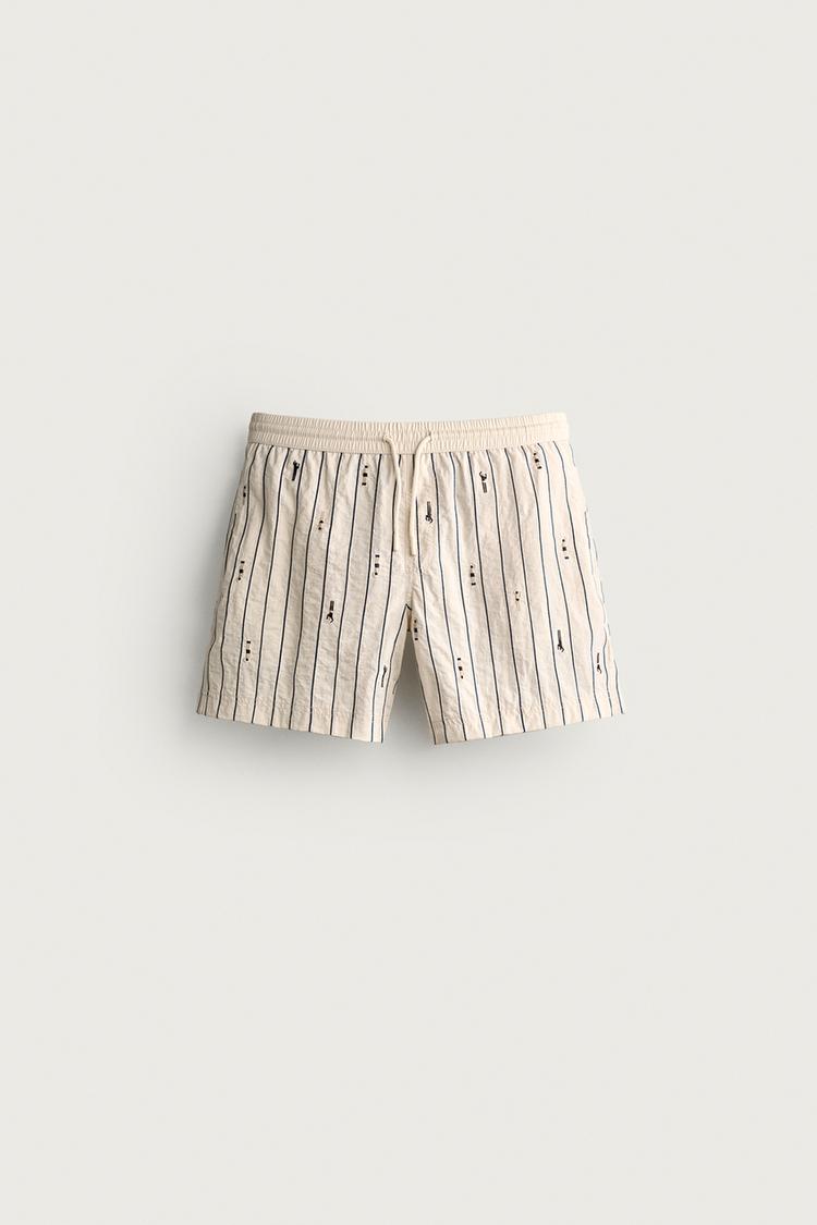 MID-LENGTH EMBROIDERED SWIMMER STRIPED SWIMSUIT — Ecru