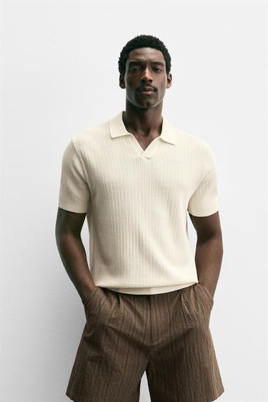 Zara RIBBED KNIT POLO SHIRT - Oyster-white