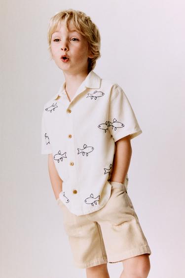 CAMISA BORDADO PECES - Crudo de Zara