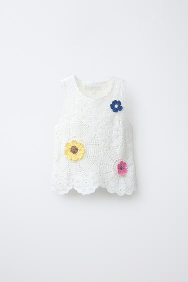 FLORAL CROCHET KNIT TOP - Ecru by Zara - Image 0
