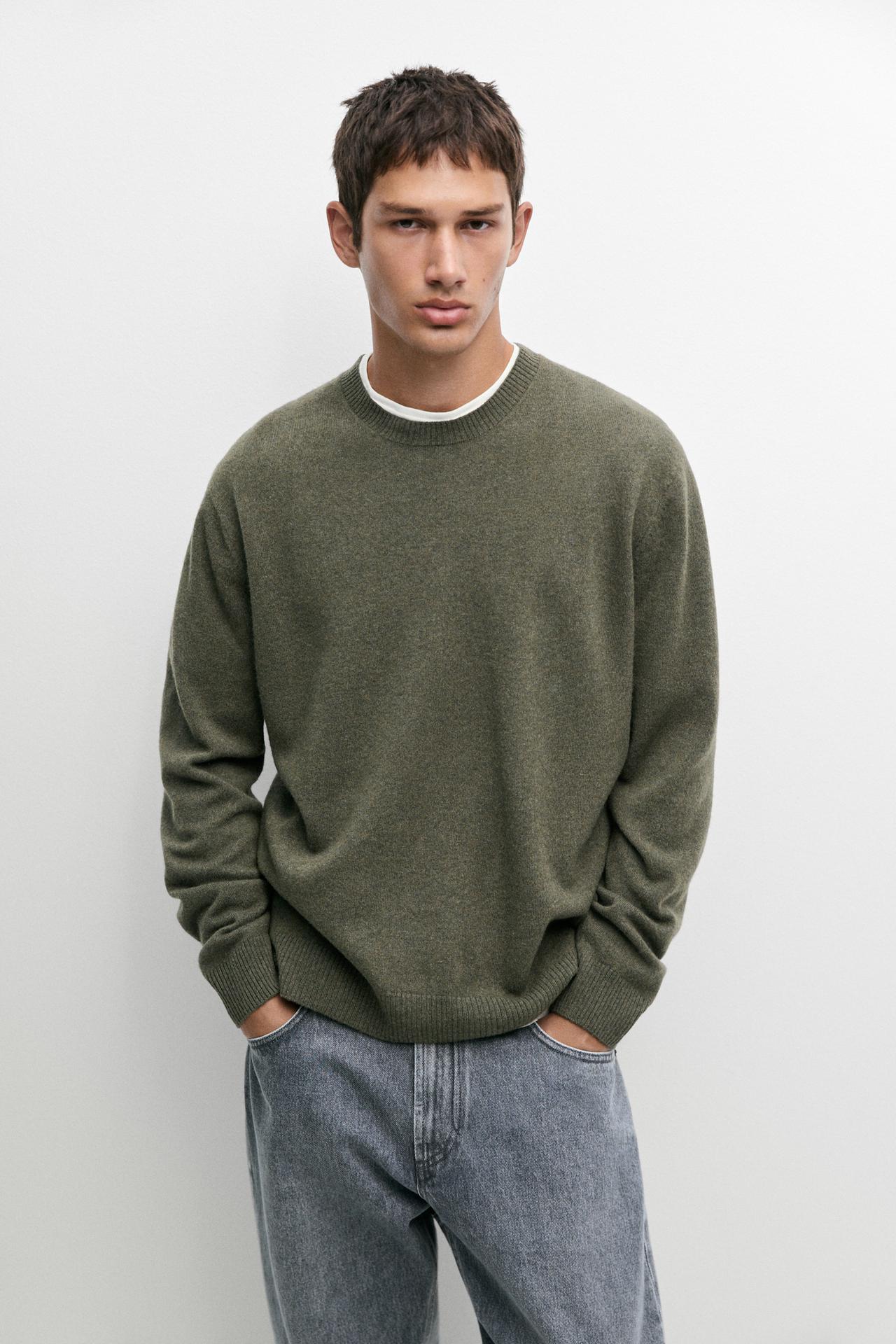 Wool blend round neck knit sweater — Mid khaki