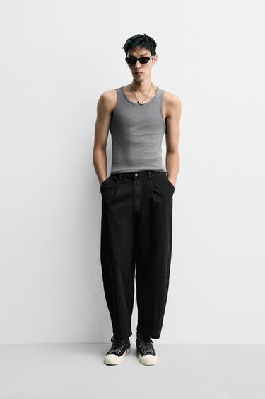 Zara 丹寧斜紋寬管打褶長褲 - 黑色