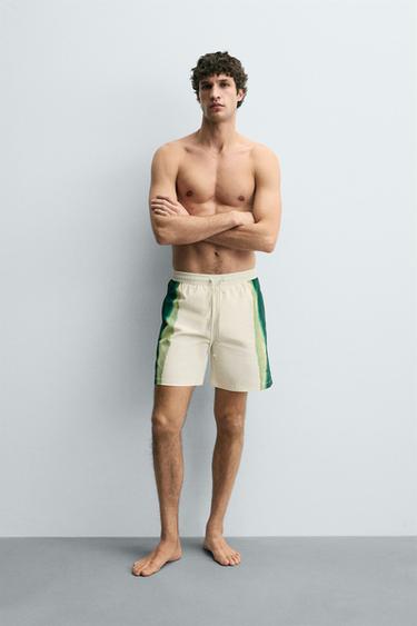 BAÑADOR LARGO ESTAMPADO BANDAS - Crudo de Zara - Imagen 0