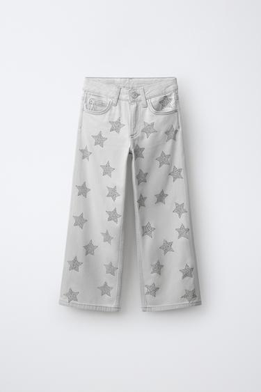 JEANS PERNA LARGA ESTAMPADO ESTRELAS E TACHAS - Cinzento-vigoré da Zara