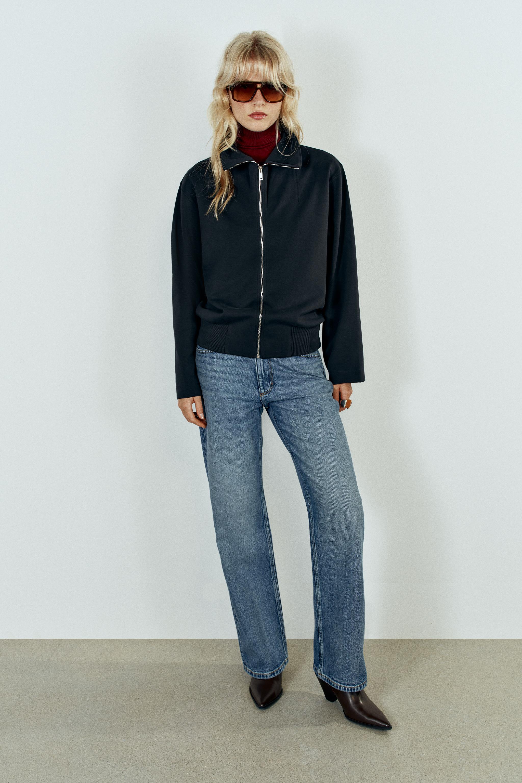 Open Ty 長袖 ジップアップ ジャケット ボーダー インターロック ボンバージャケット - ミディアムブルー | ZARA Japan