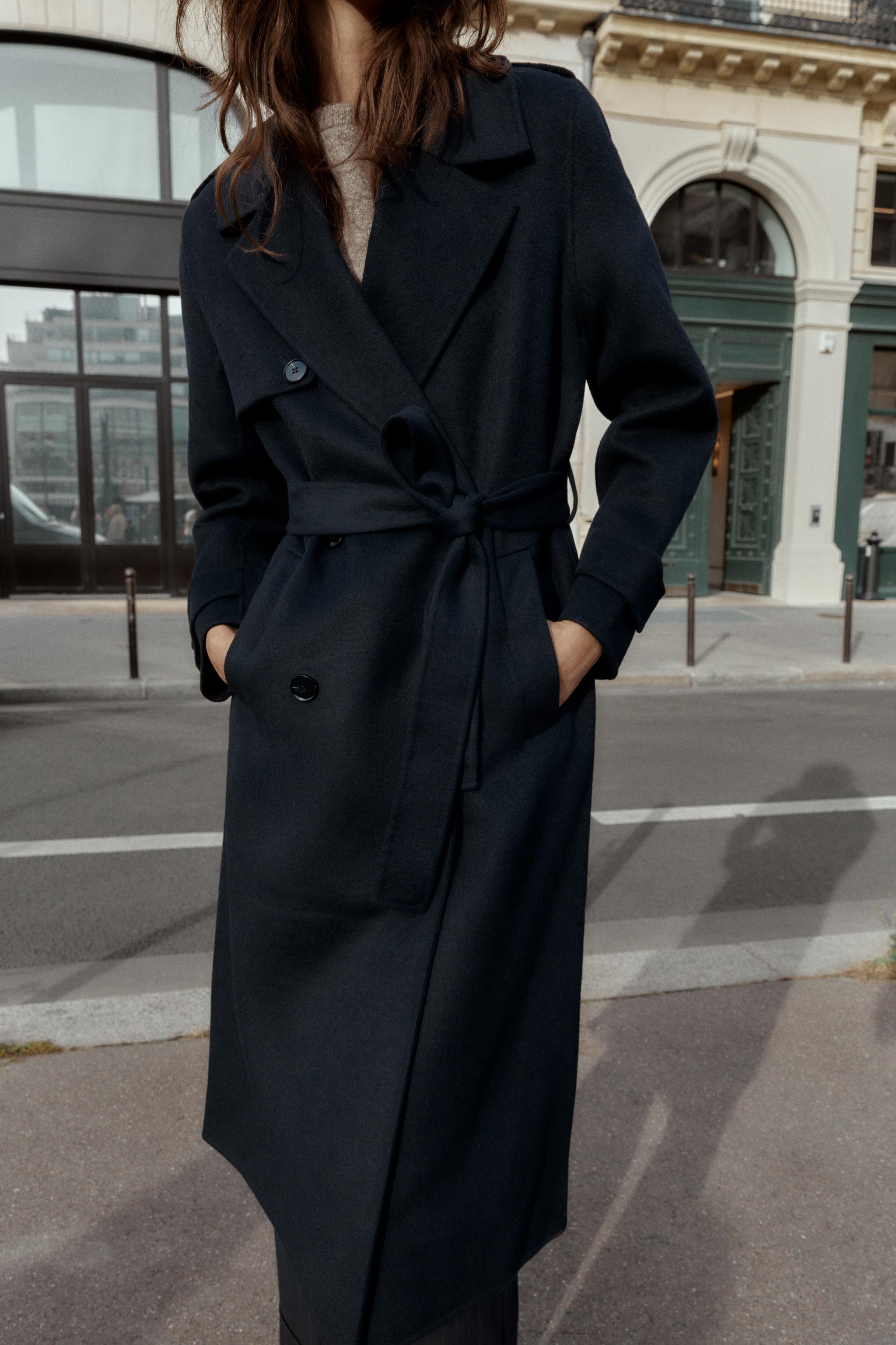 ZARA ショートウールブレンドコート ネイビー ウールブレンドベルト付きコート - マリンブルー | ZARA Japan
