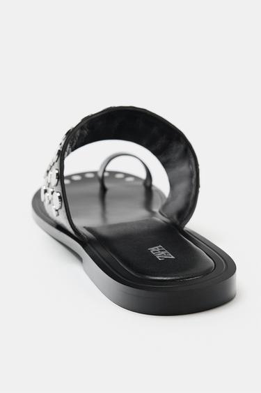 FLAT LEATHER SANDALS WITH STUDS - Black by Zara - Image 4
