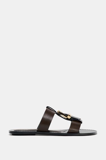 DOUBLE-STRAP FLAT SANDALS WITH BUCKLE - Brown by Zara
