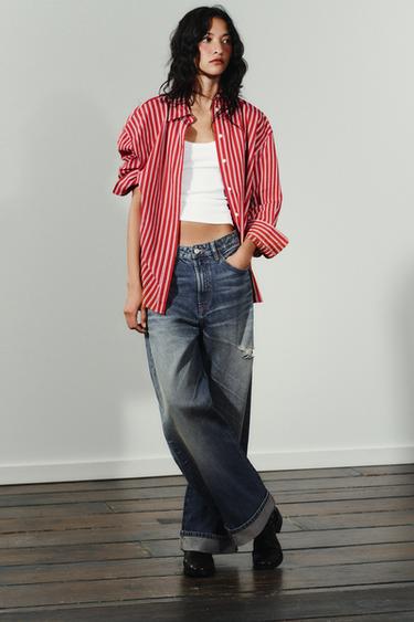 قميص oversize بوبلين مخطط - أحمر / أبيض الخاص بـ Zara