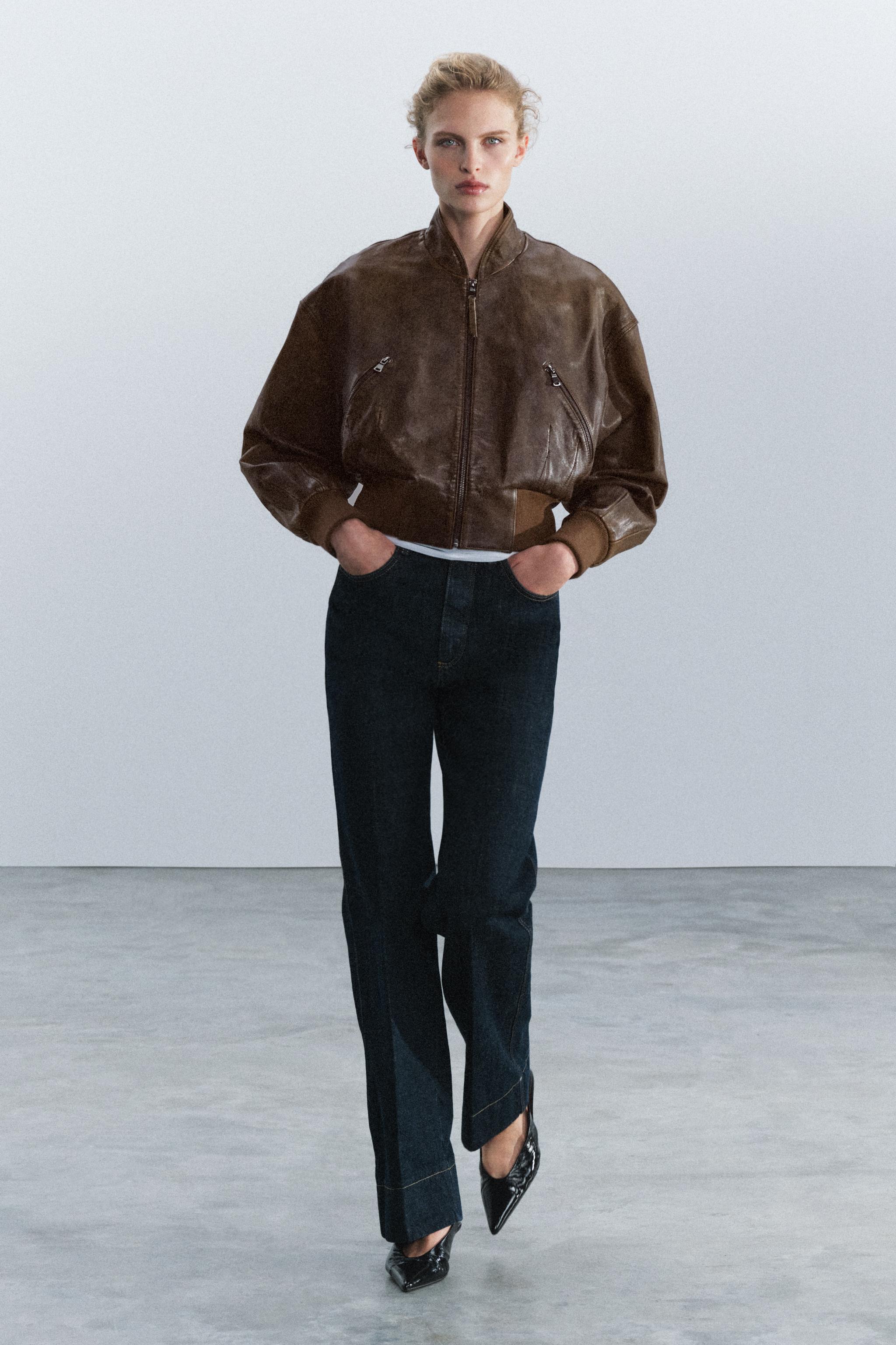 ヴィンテージ　プフ　zarabiadeco ZW COLLECTION 100% LEATHER CROPPED JACKET - Brown | ZARA United States