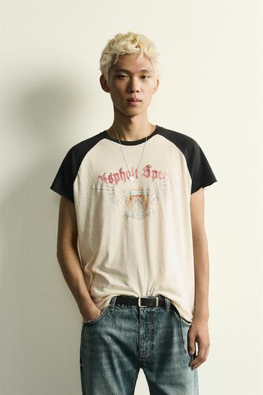 Zara COLORBLOCK PRINTED WASHED T-SHIRT - Oyster-white