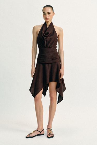 HALTER MINI DRESS WITH ASYMMETRIC HEM - Dark brown by Zara - Image 0