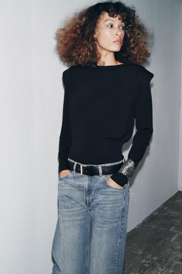 KNIT TOP WITH SHOULDER PADS - Black by Zara - Image 2