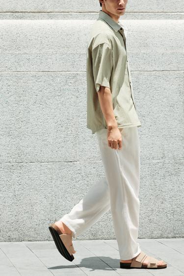 Zara 棉質 - 亞麻長褲 - 米色