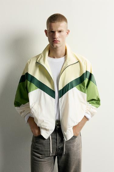 Zara COLOR BLOCK TECHNICAL JACKET - Green / Ecru