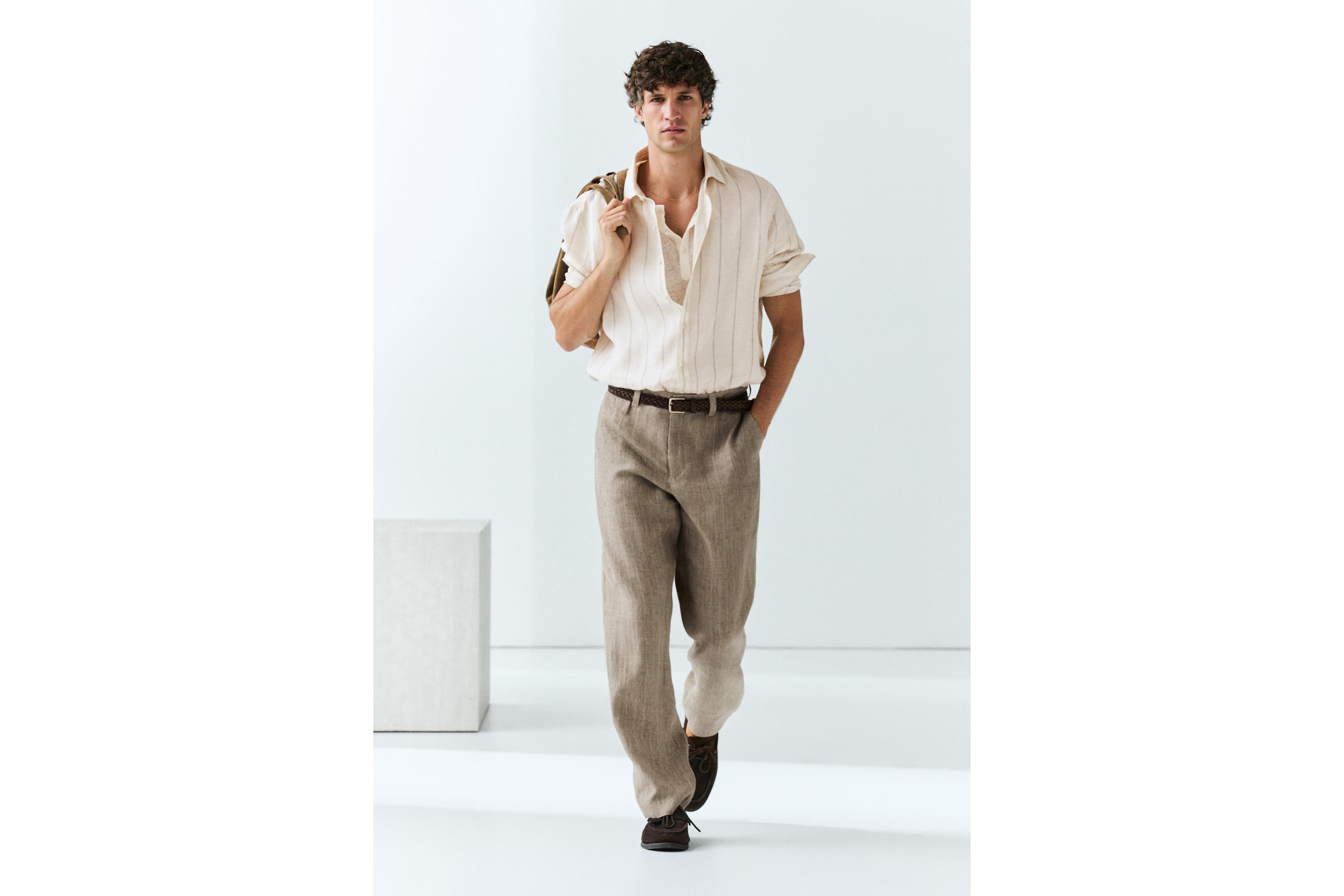 100% linen regular fit striped shirt — Ecru