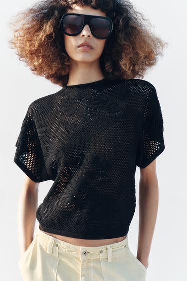 TOP EN MAILLE POINTELLE - Noir de Zara - Image 1