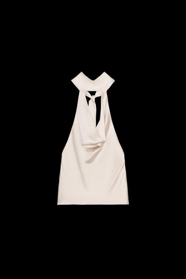 Zara FRINGED HALTER SATIN EFFECT TOP - Sand - Image 0