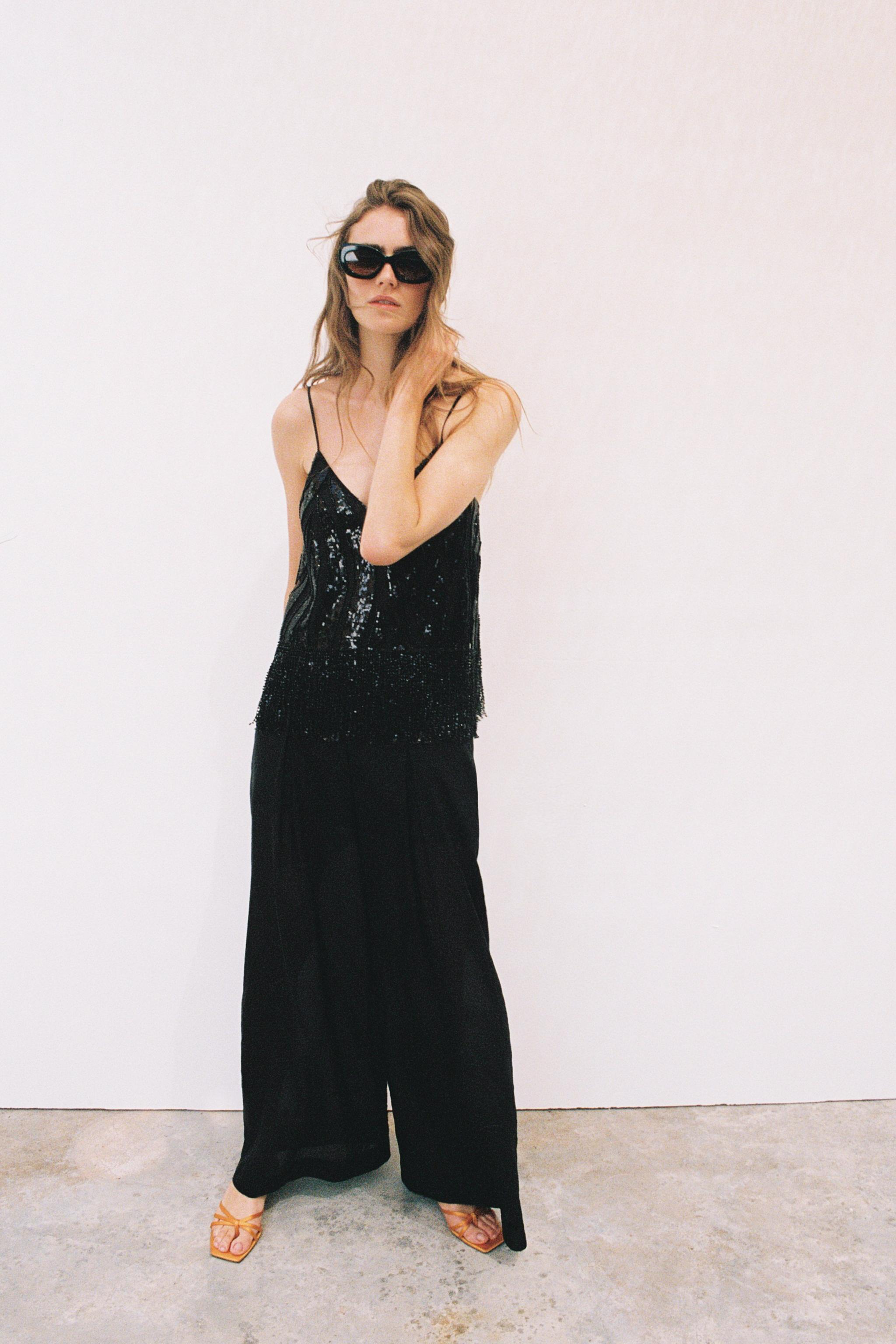 SEMI-SHEER WIDE-LEG TROUSERS — Black