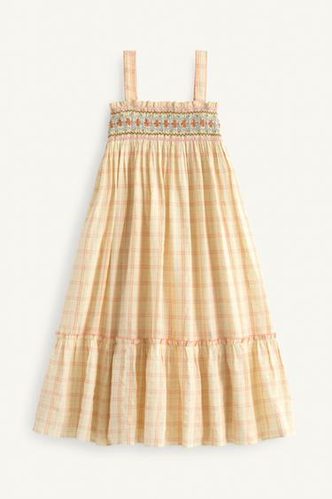 VESTIDO LARGO CUADROS Y FLORES BORDADAS LIMITED EDITION - Amarillo claro de Zara