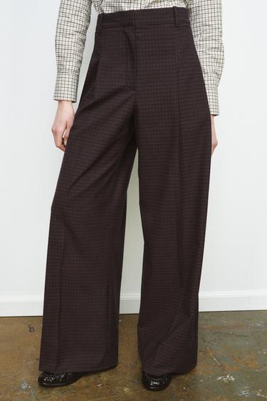 ZW COLLECTION CHECKED DARTED TROUSERS - Brown-Blue by Zara - Image 1
