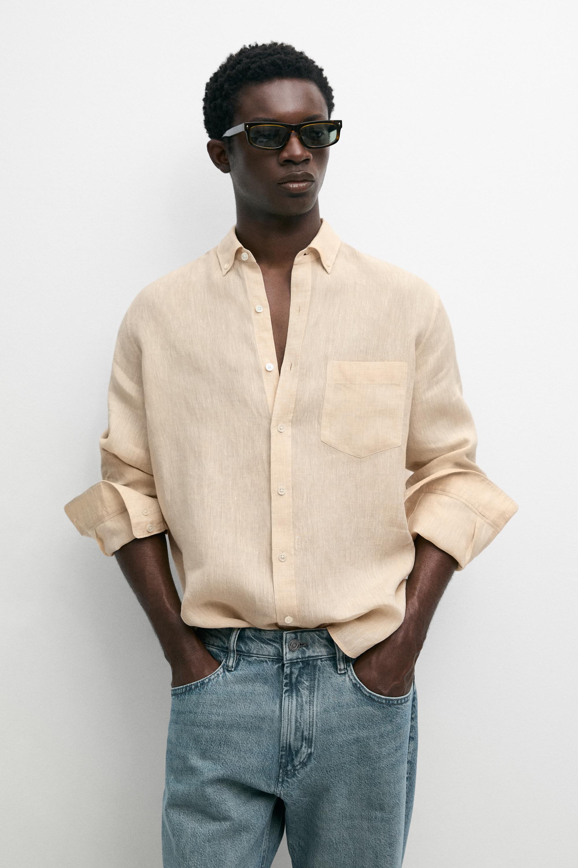 Regular fit 100% linen patch pocket shirt