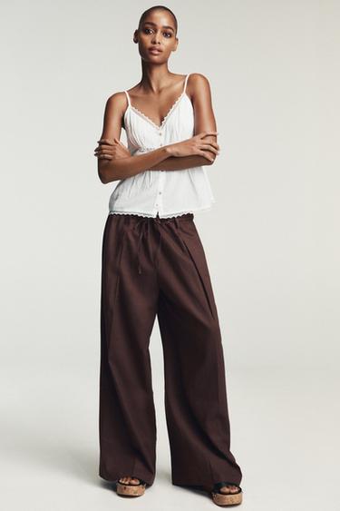 LINEN BLEND PALAZZO TROUSERS - Brown by Zara