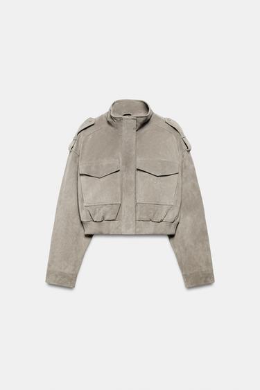 100% LEATHER CROPPED JACKET WITH TAB DETAILS - Light grey by Zara