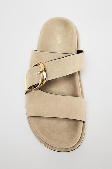 Zara FLAT BUCKLE SUEDE SANDALS - Sandy Brown