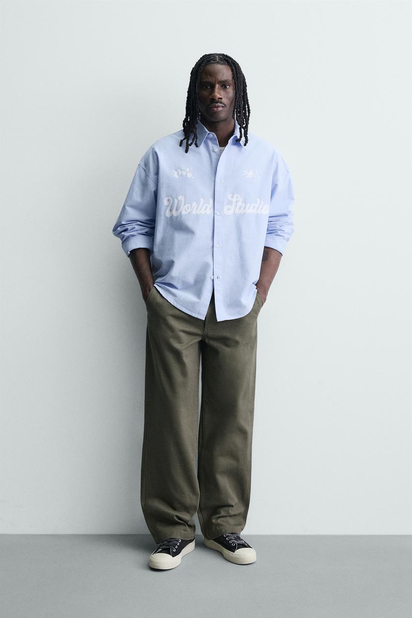 Zara - Printed Text Oxford Boxy Fit Shirt - Light Blue - M - Man Zara - Printed Text Oxford Boxy Fit Shirt - Light Blue - M - Man
