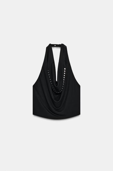 Zara STUDDED HALTER TOP - Black
