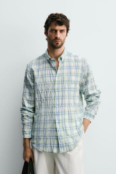 REGULAR FIT CREASED-EFFECT CHECK SHIRT - Green / Blue by Zara