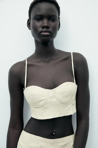 TOP CORSÉ EN CUIR 100 % EFFET PLISSÉ - Blanc cassé de Zara - Image 1